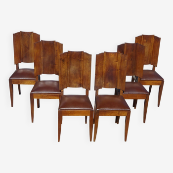 chaises en noyer massif, simili cuir, set de 6