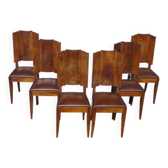 chaises en noyer massif, simili cuir, set de 6