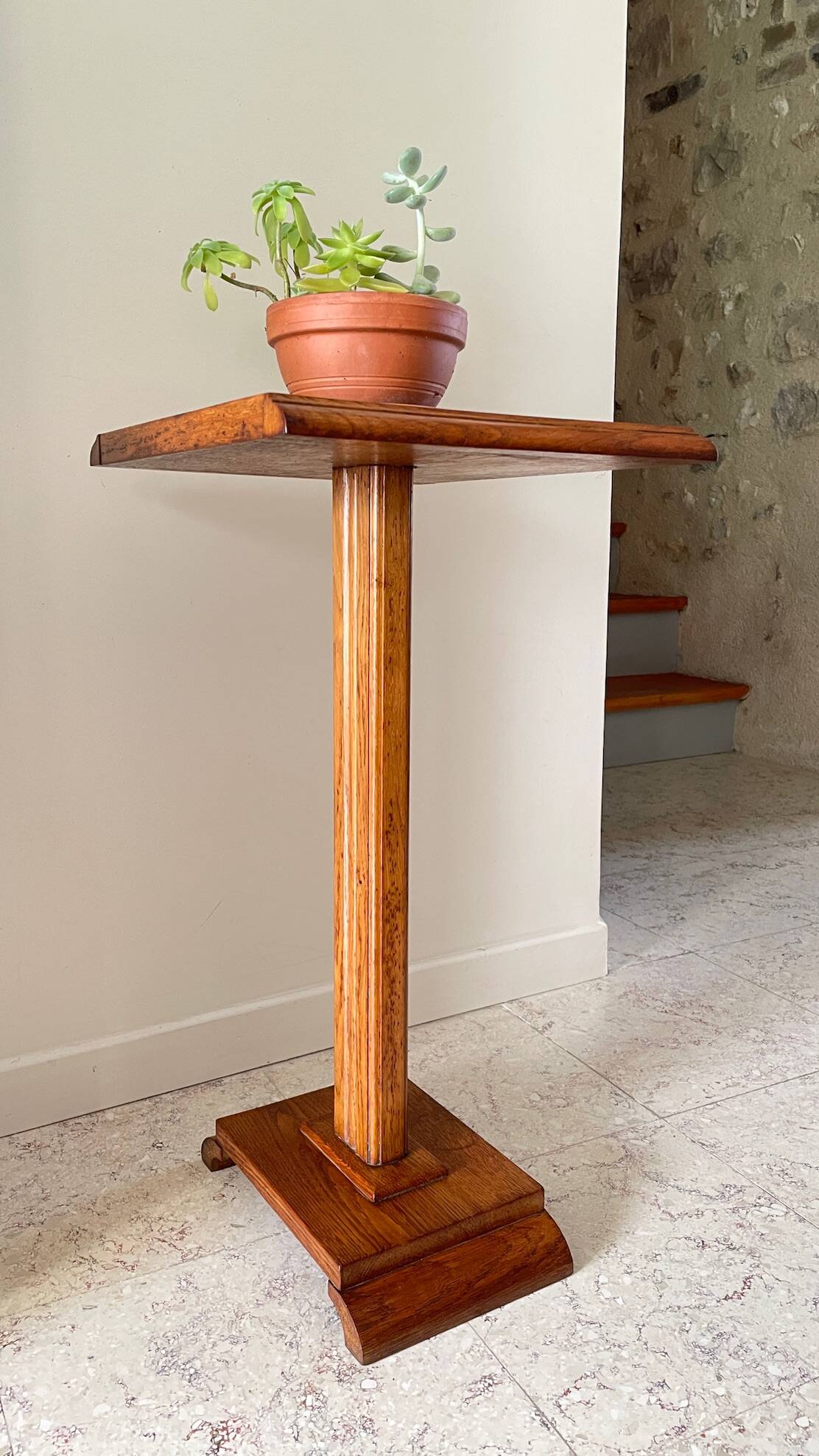 Vintage solid oak saddle plant holder