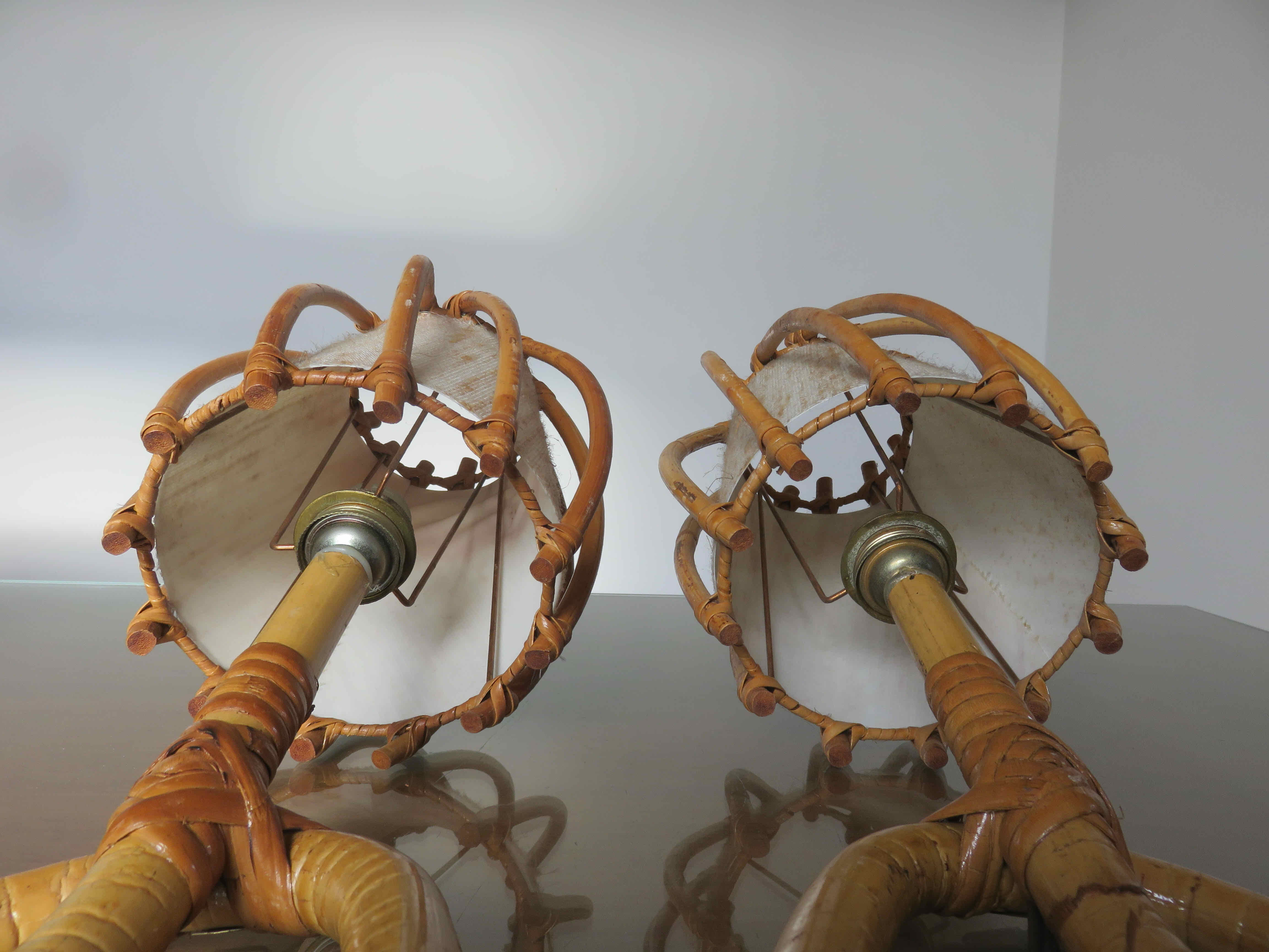 Pair of sconces Louis Sognot in rattan, bamboo 60s