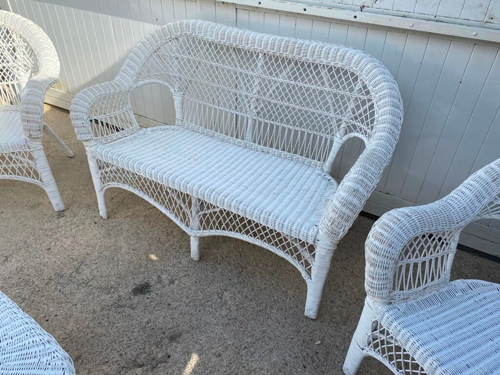 White rattan lounge set 2 armchairs and 1 bench 1 vintage coffee table from the 70s