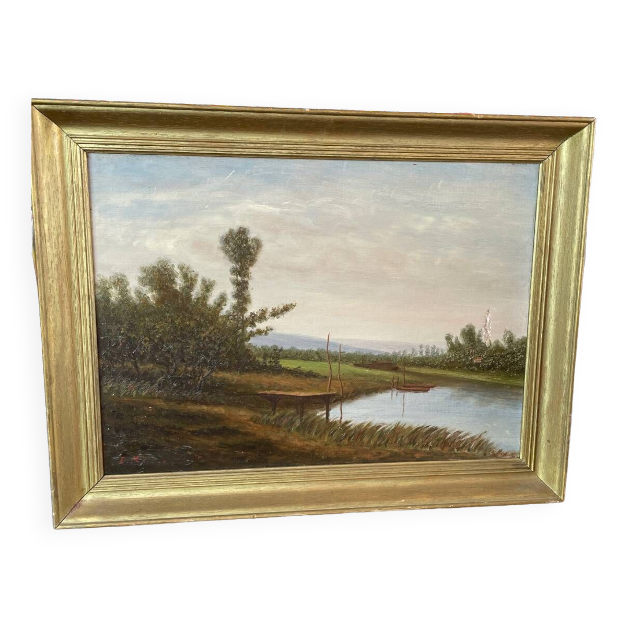 Oil painting of a riverside signed EM