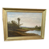 Tableau huile bord de rivière signé EM