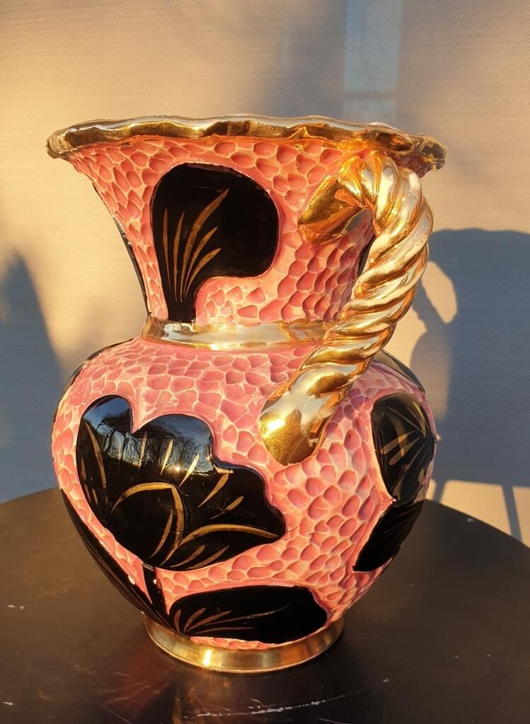 Vase Vallauris 1950 rose noir et jaune