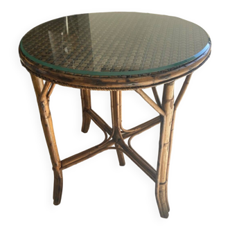 Table bistrot en rotin avec plateau verre