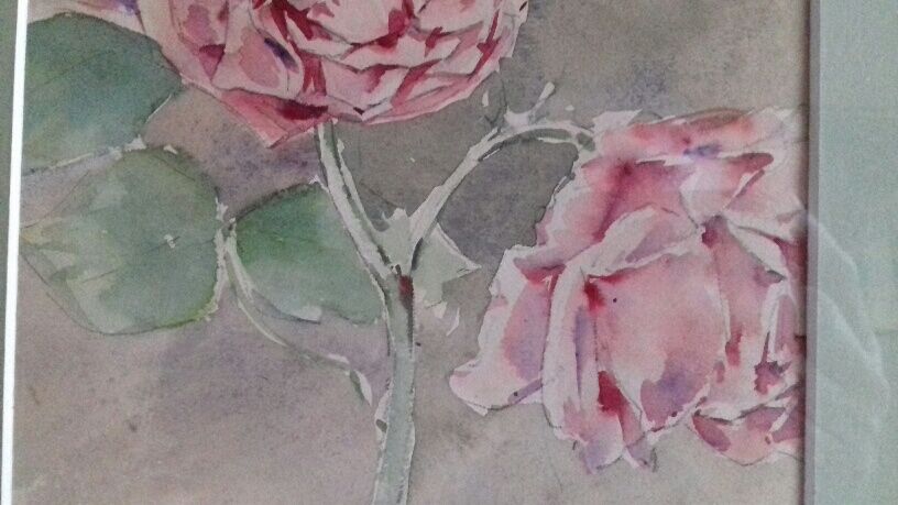 Ancient watercolour painting "3 blossoming roses"