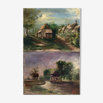 Pendant de Tableaux HSP "Paysages, village et rivière" monogramme AG XIX°