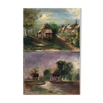 Pendant de Tableaux HSP "Paysages, village et rivière" monogramme AG XIX°