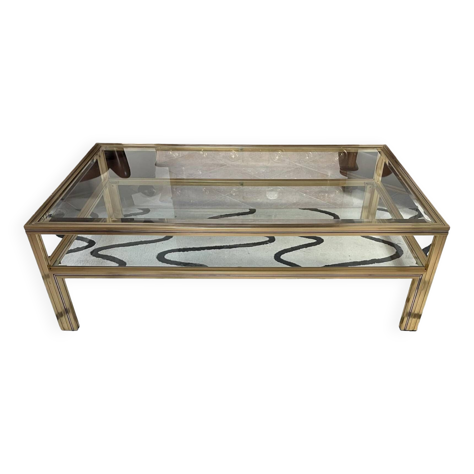 Vintage Pierre Vandel Paris Coffee Table Gold Aluminum and Glass with Two Trays 70'