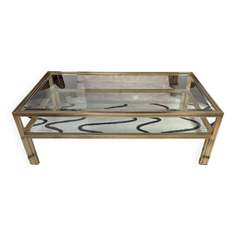 Vintage Pierre Vandel Paris Coffee Table Gold Aluminum and Glass with Two Trays 70'