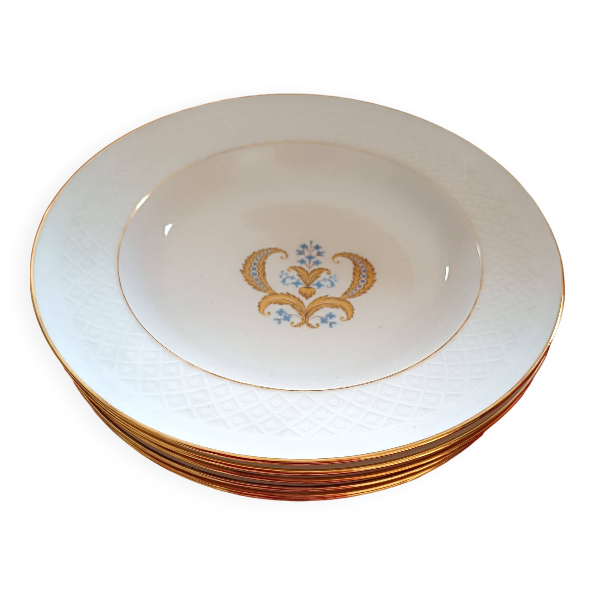 6 Bavaria soup plates. Annabel model. White, gold edging. Central motif.