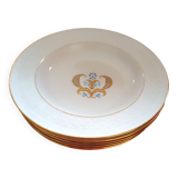 6 Assiettes creuse Bavaria. Modéle Annabel. Blanches, liseré doré. Motif central.