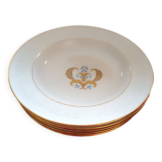 6 Assiettes creuse Bavaria. Modéle Annabel. Blanches, liseré doré. Motif central.