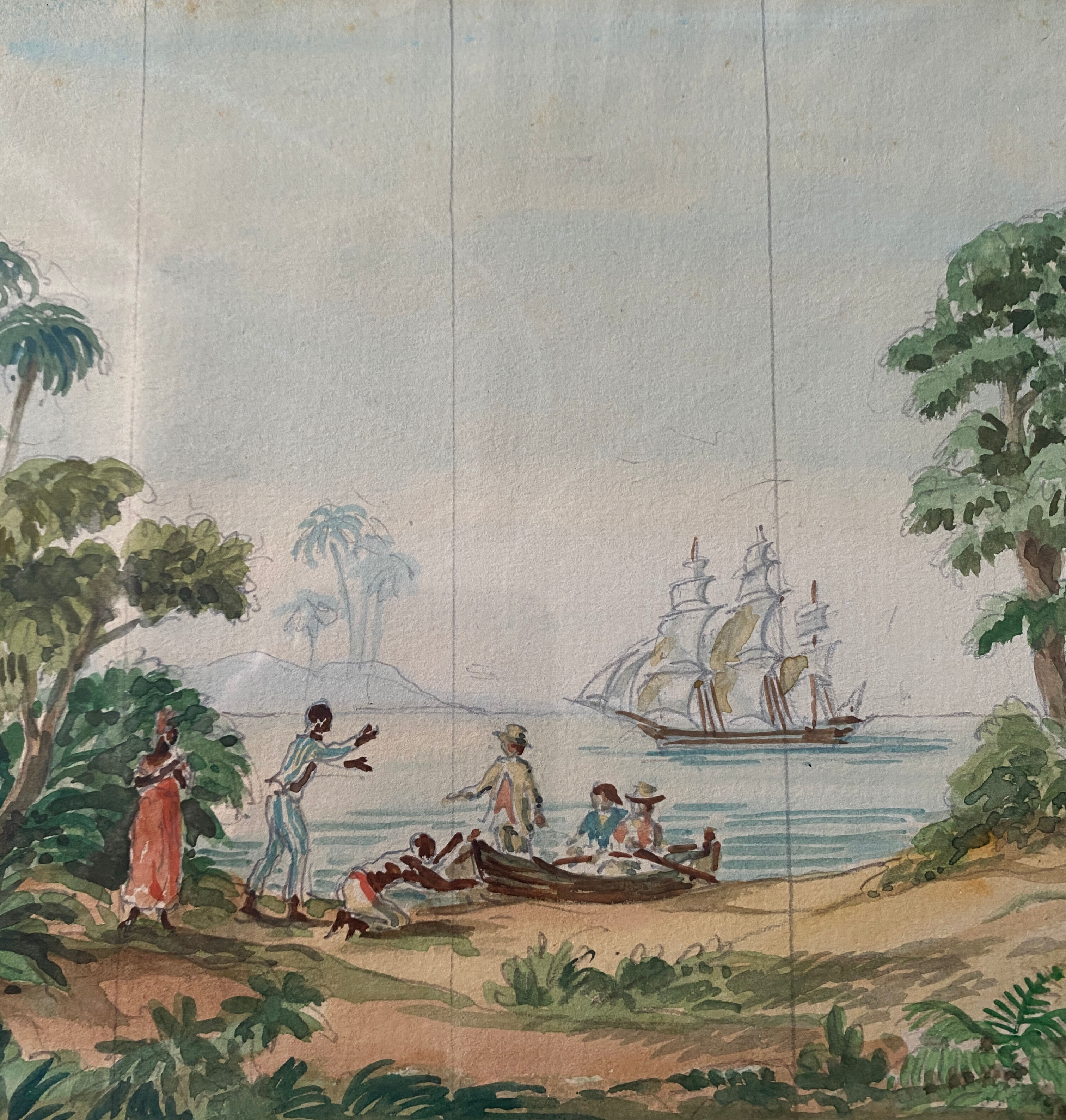 Watercolor painting study "Colonial Scene" Conquest of America