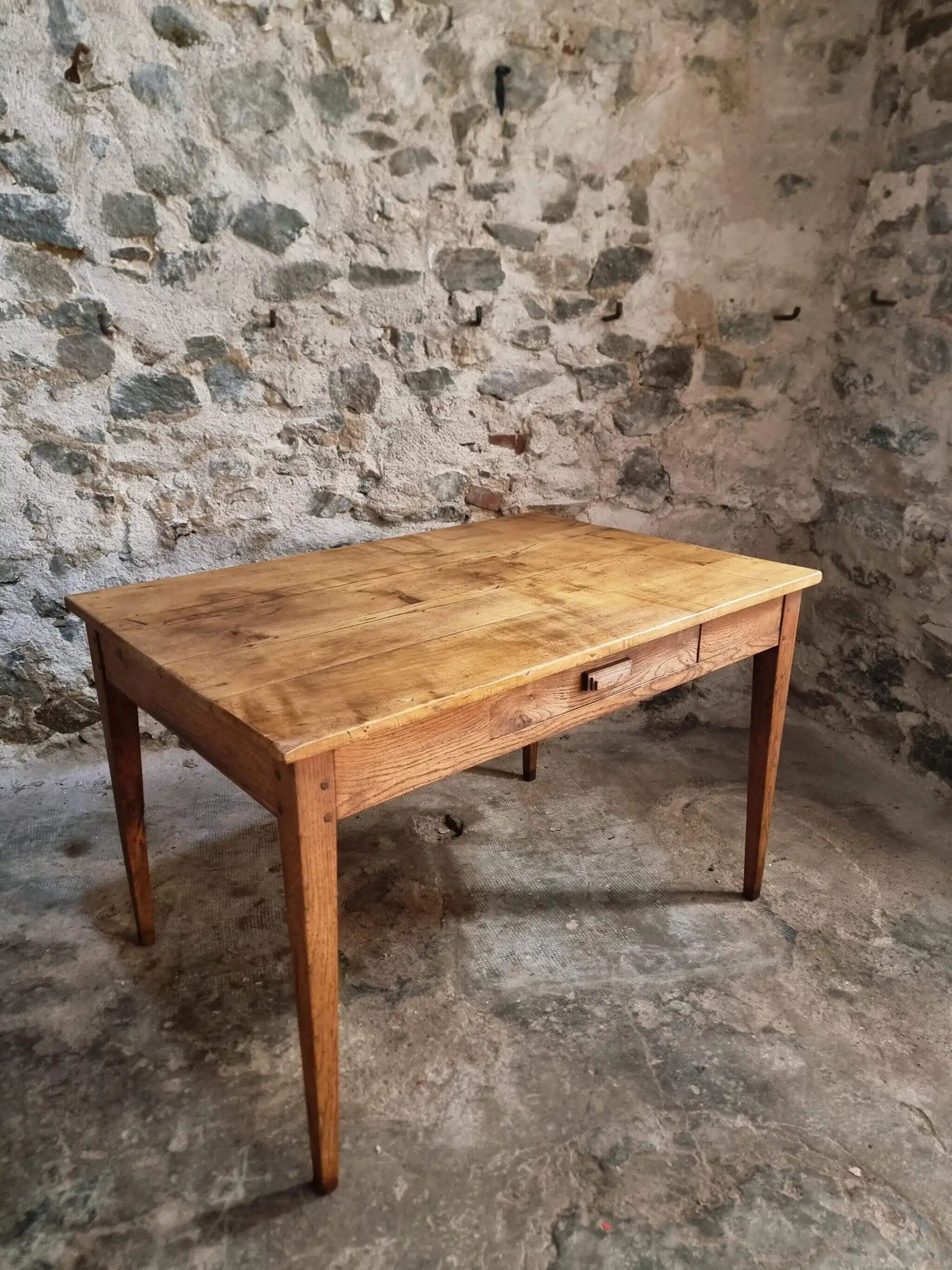 Antique French dining table with drawer, around 1900.
