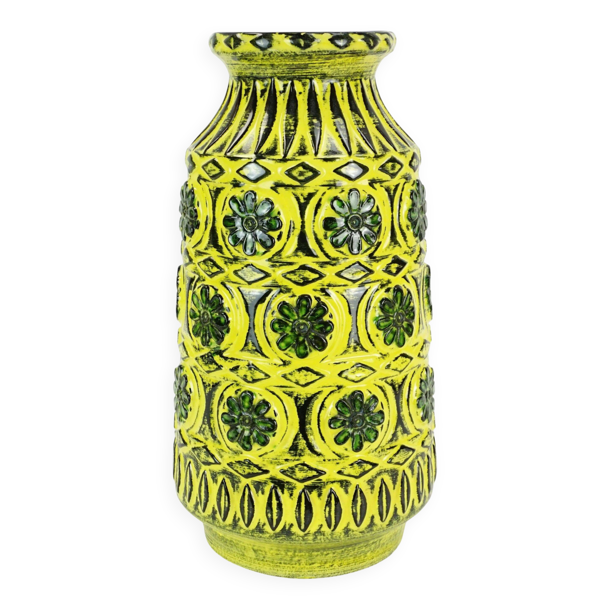 1960s bay keramik vase relief flower decor green yellow black model 76 40