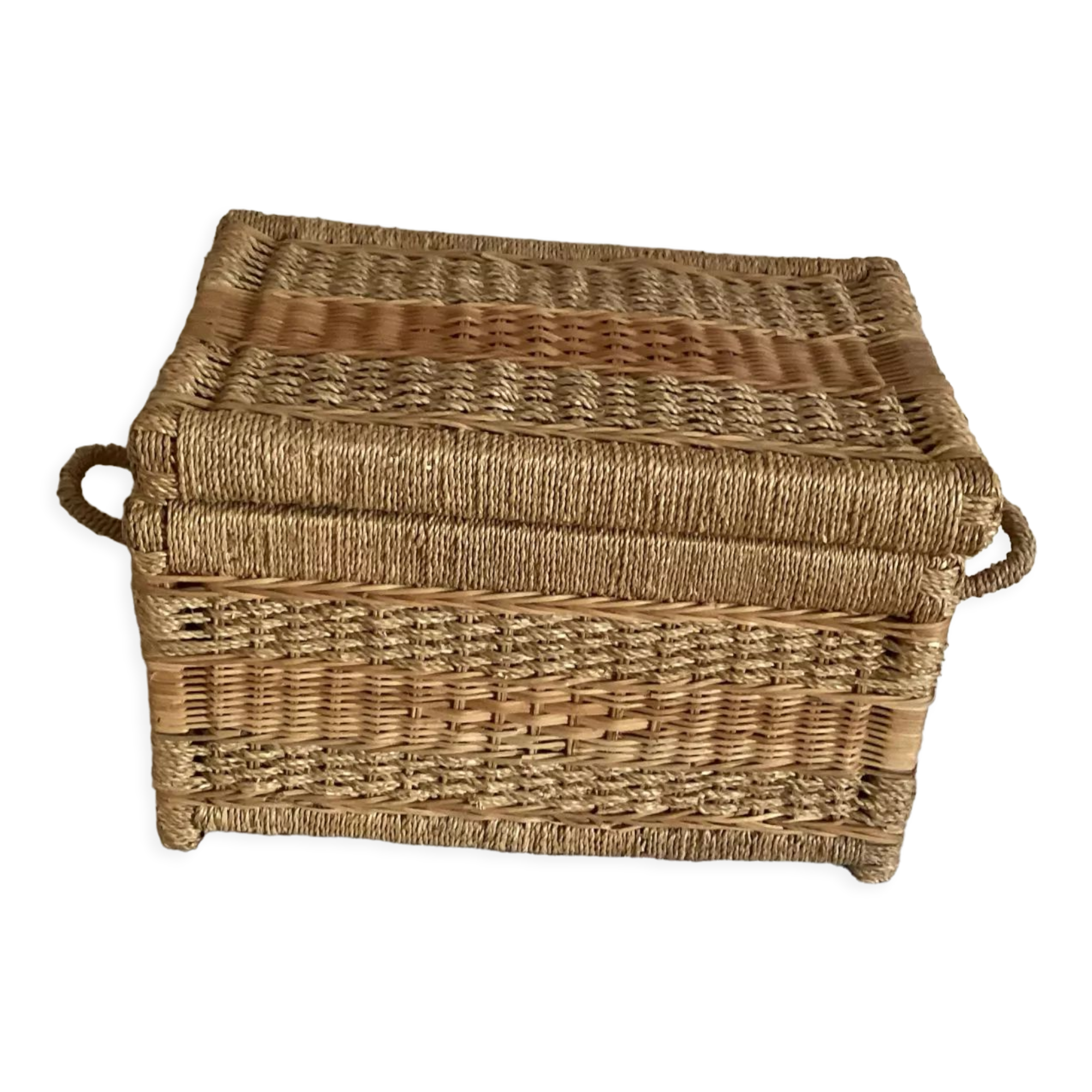 Coffre rotin et corde rafia structure bois - vintage