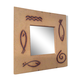 Miroir vintage des années 70-80 en béton signé - 30x30cm