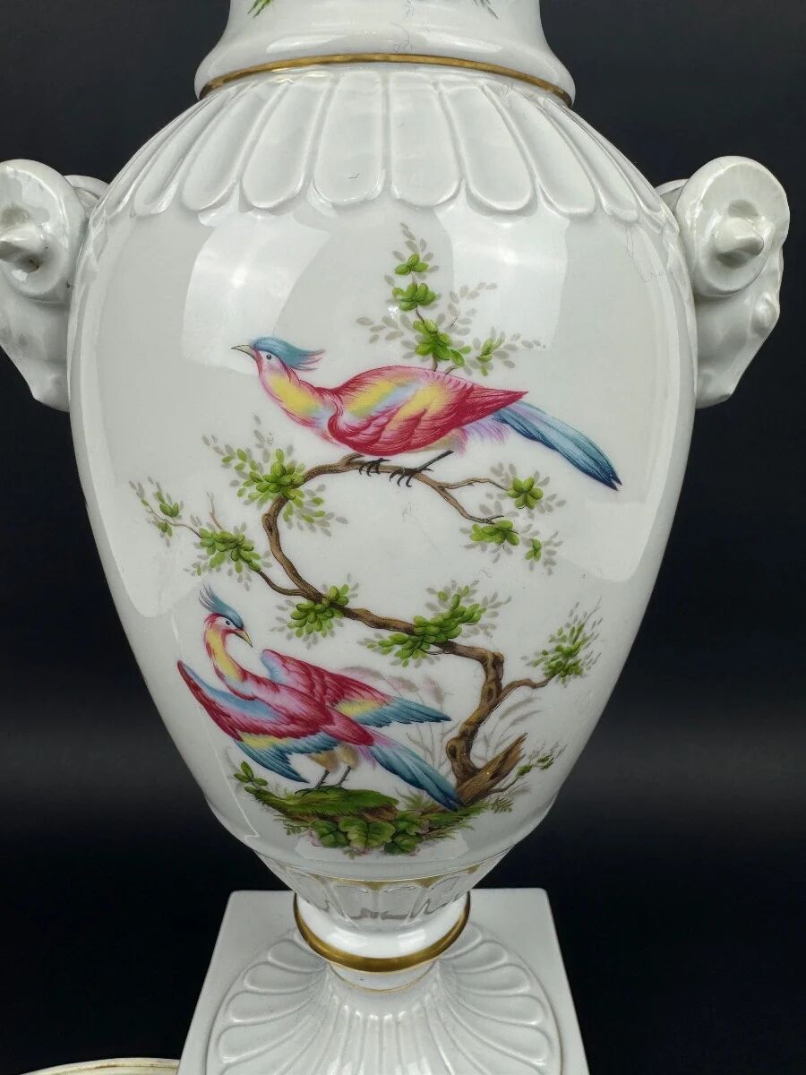 Raynaud Limoges lamp base in porcelain, paradise birds