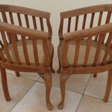 2 Colonial armchairs in natural solid wood with cane seats