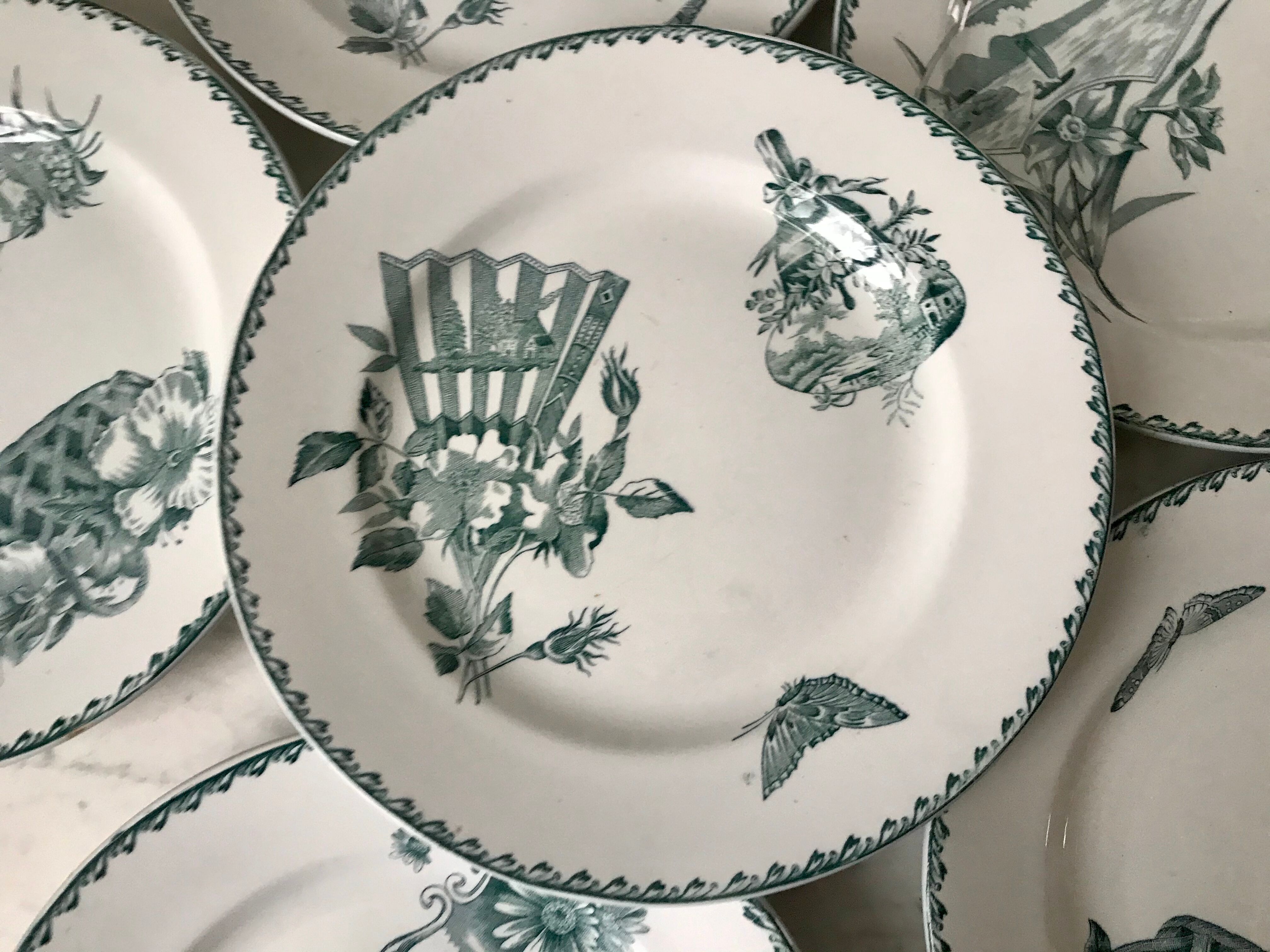 Set of 6 flat plates terre de fer saint-amand model "cartels" xixth