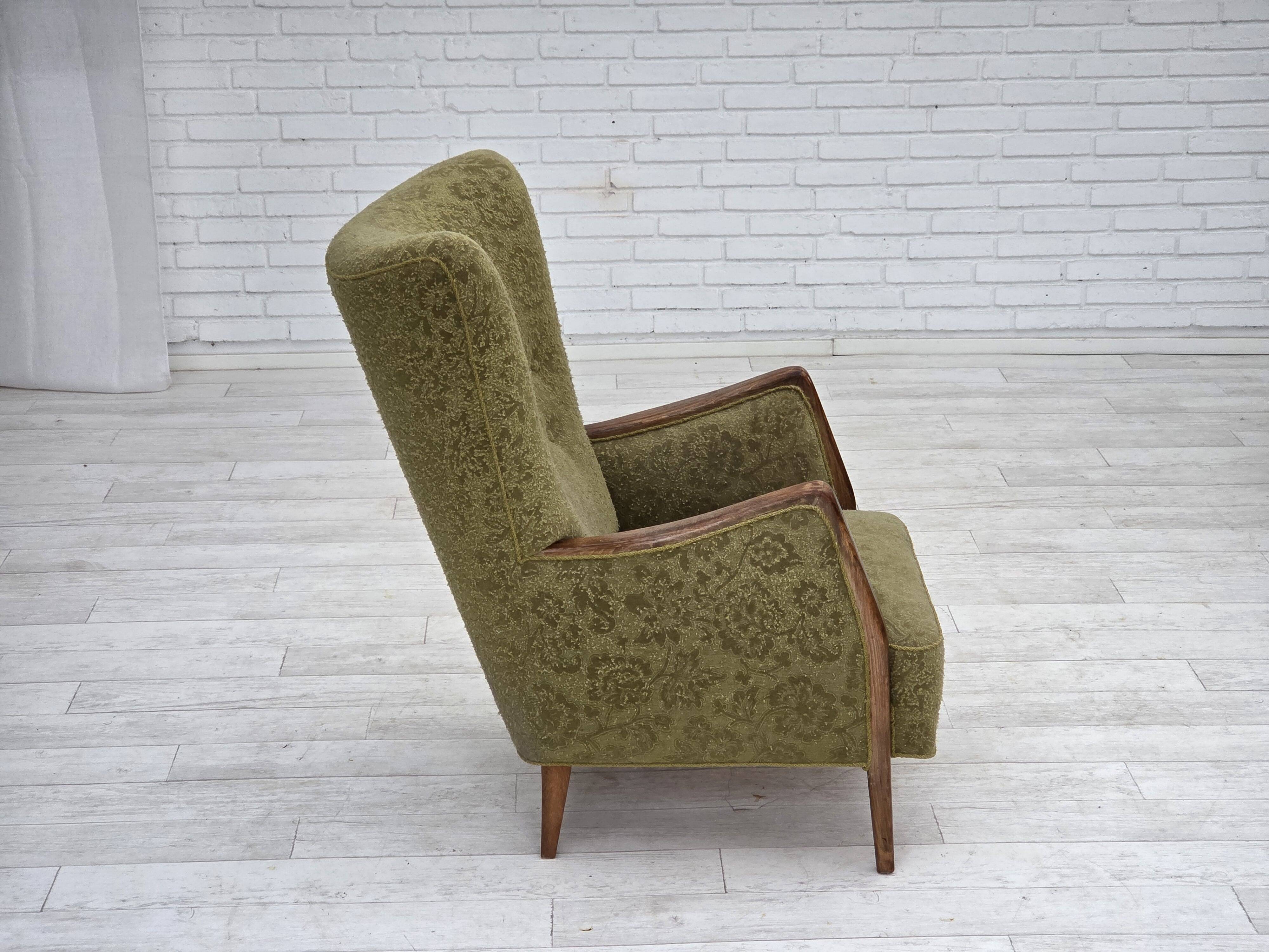 1960s, Danish armchair, original green furniture velour, ash wood