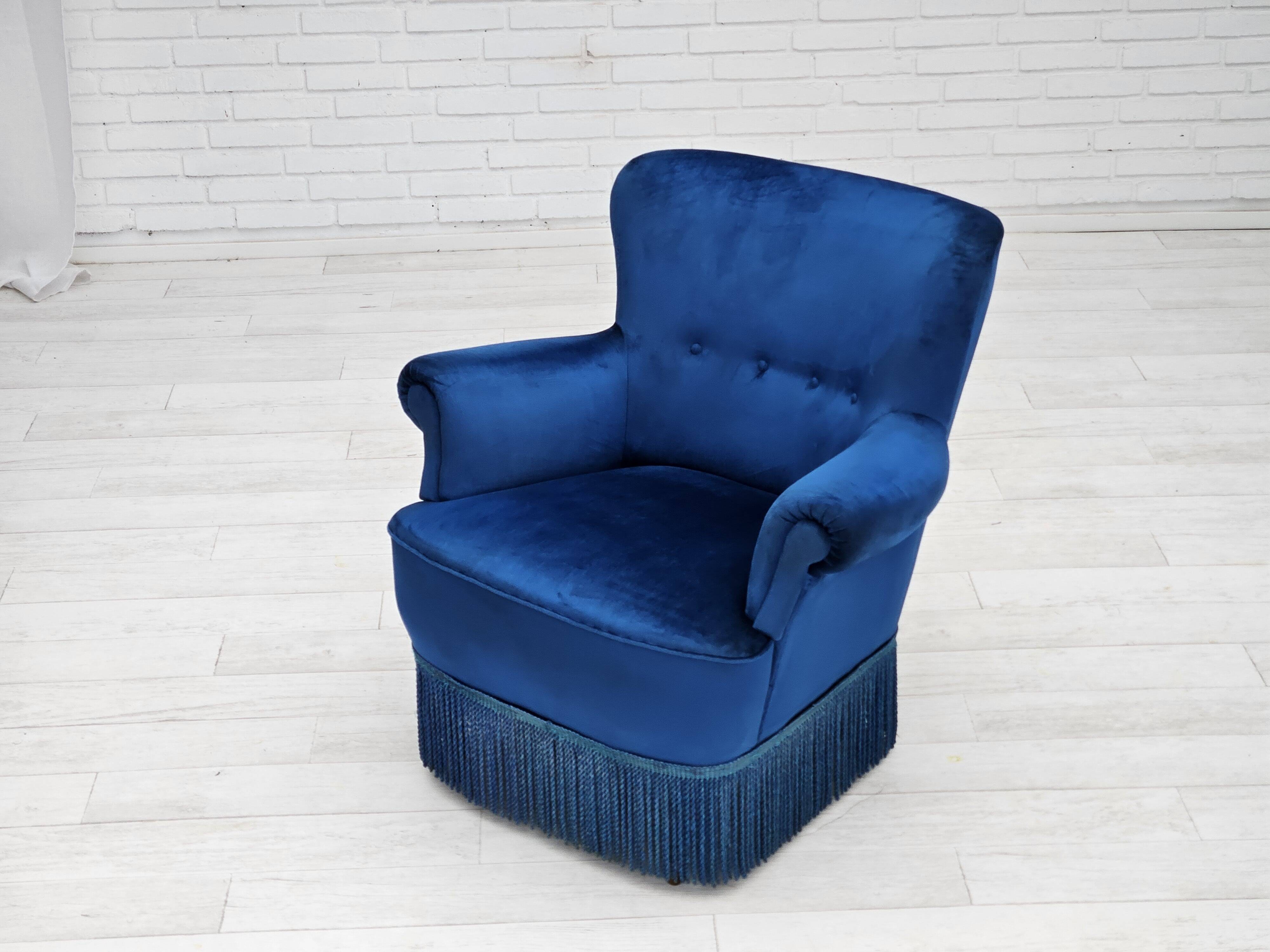 1960s, Danish lounge chair, blue furniture velour, beech wood legs.