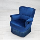 1960s, Danish lounge chair, blue furniture velour, beech wood legs.