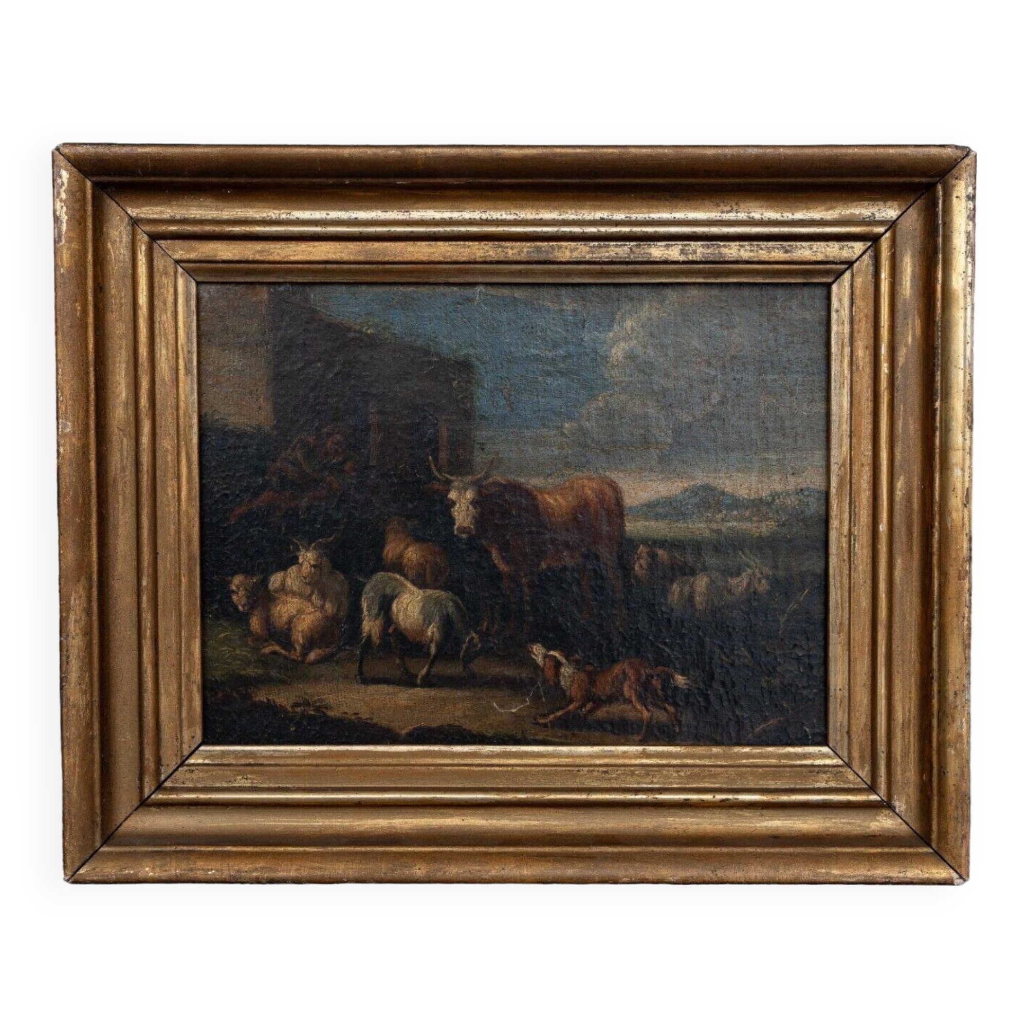 Oil on canvas 18th century scene of animals and shepherd gilded frame