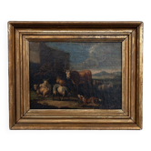 Oil on canvas 18th century scene of animals and shepherd gilded frame