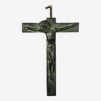 20th century bronze crucifix with green patina in the style of the Haute Epoque