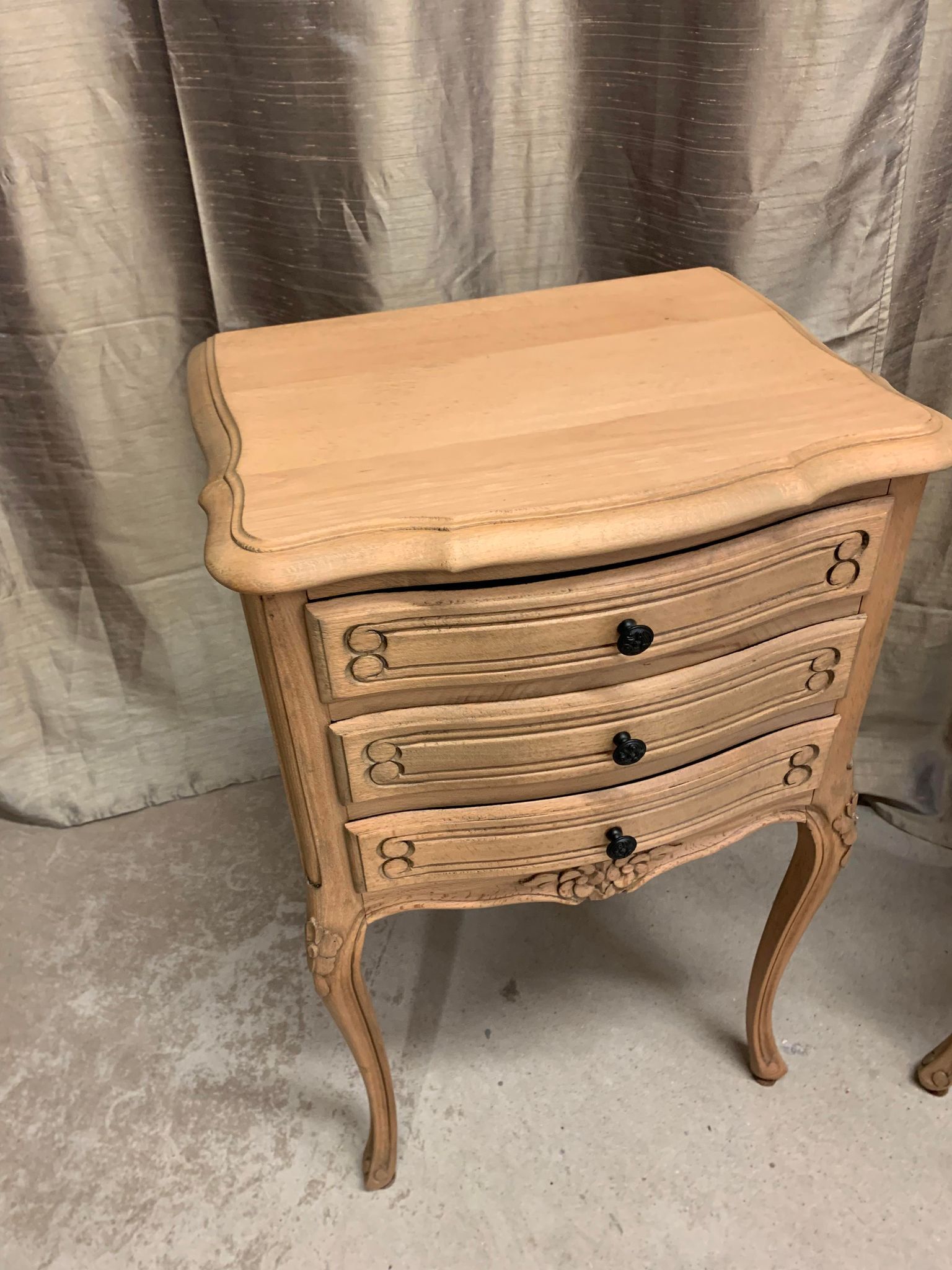 Pair of Louis XV style bedside tables with raw wood appearance