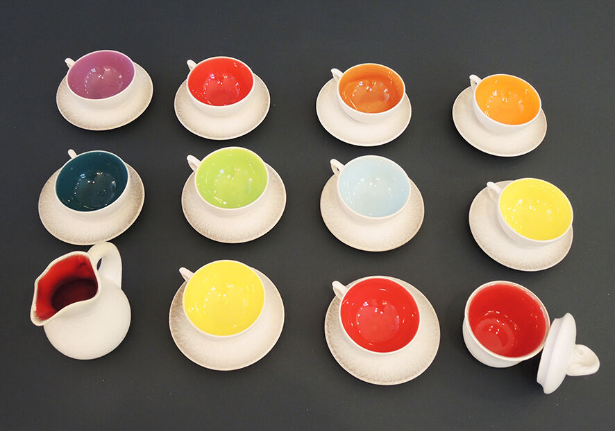 Former tea service in multicolored ceramics signed