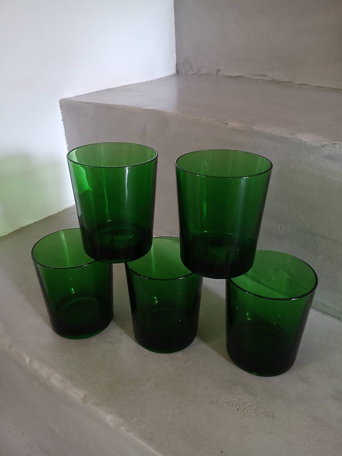 5 old green water glasses