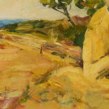 Post impressionist landscape with haystacks