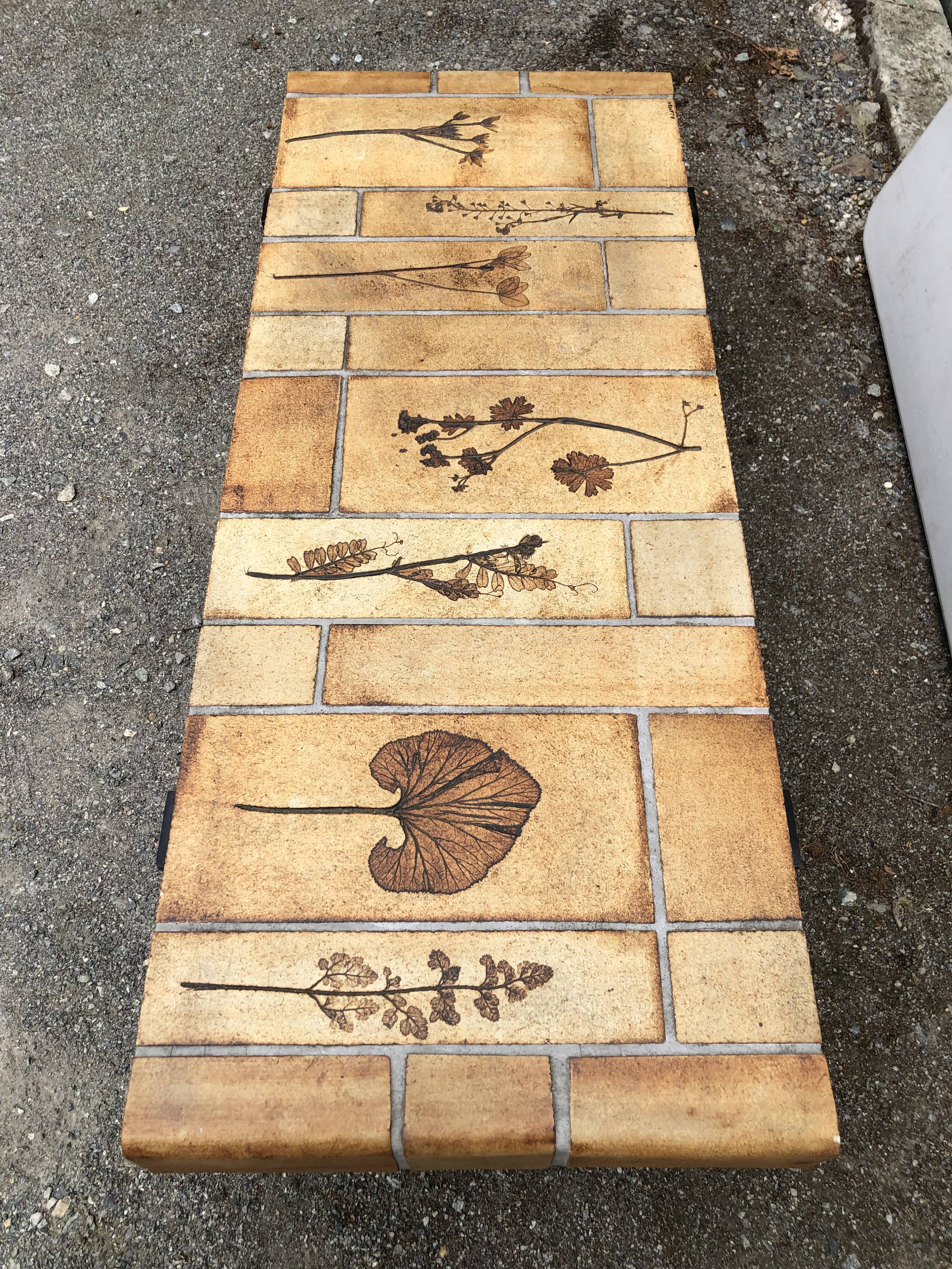 Vintage ceramic coffee table with herbarium decorations by Roger Capron, solid beech base.