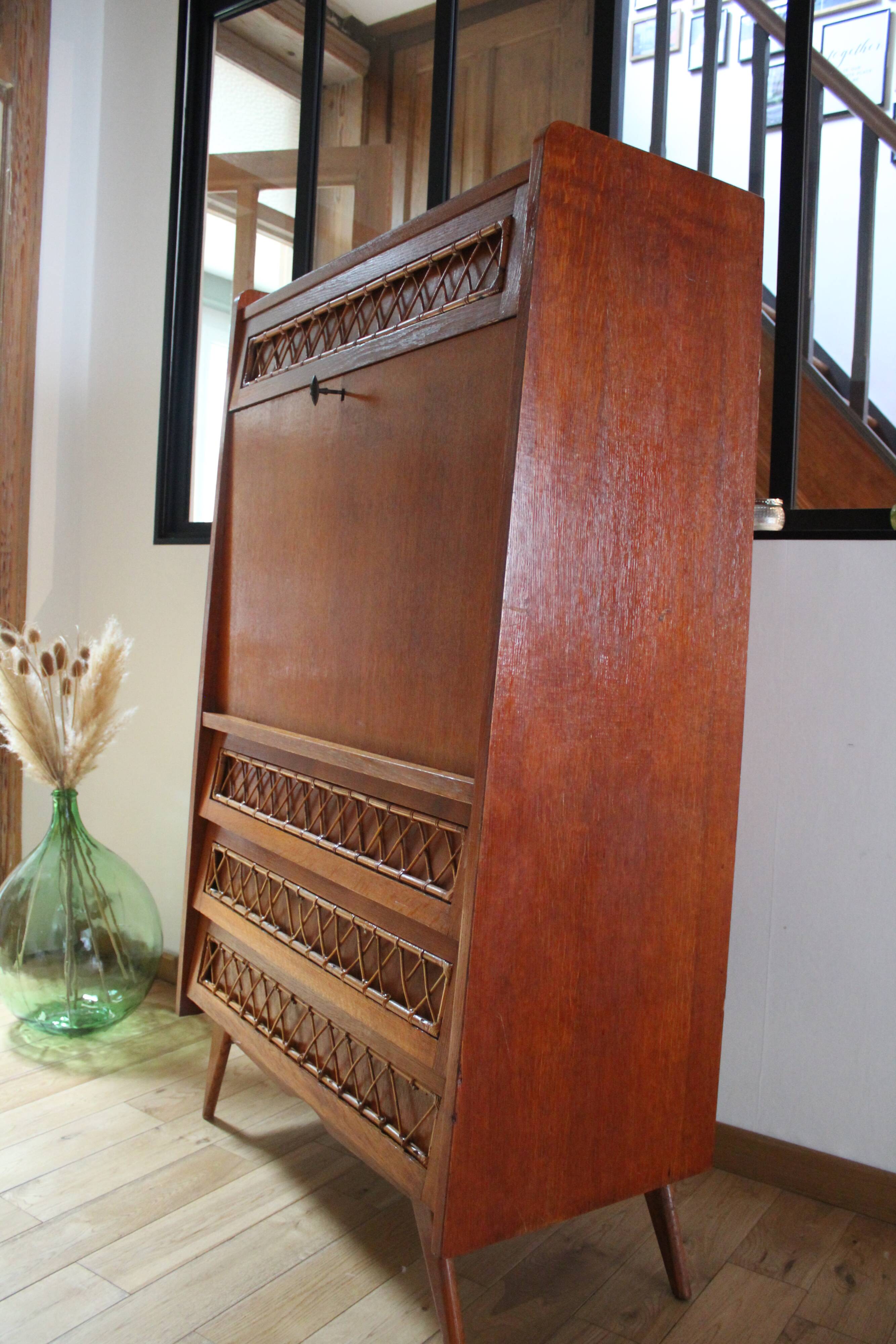 Wood and rattan secretary