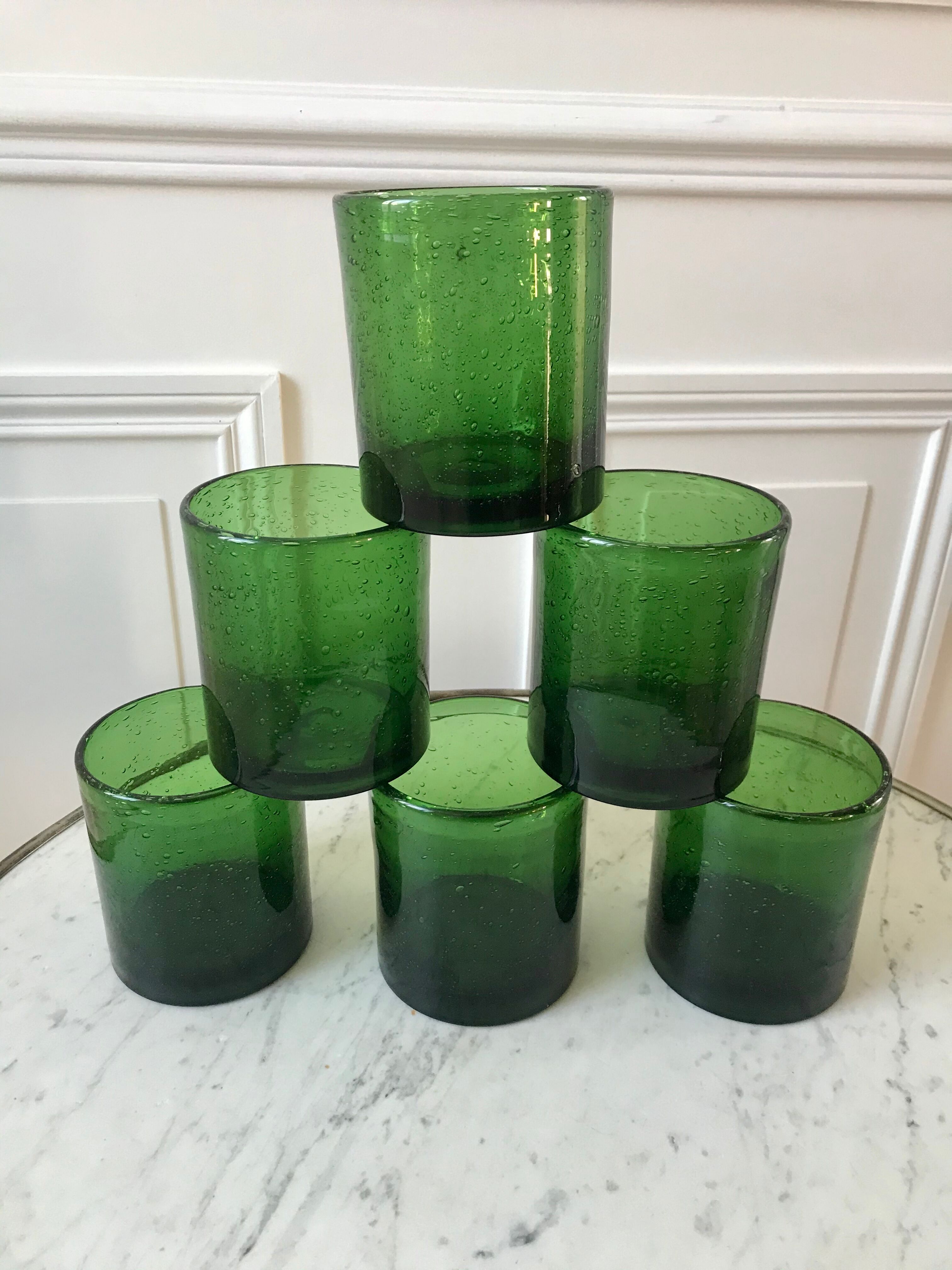 Set of 6 green water glasses bubbled glass  70s