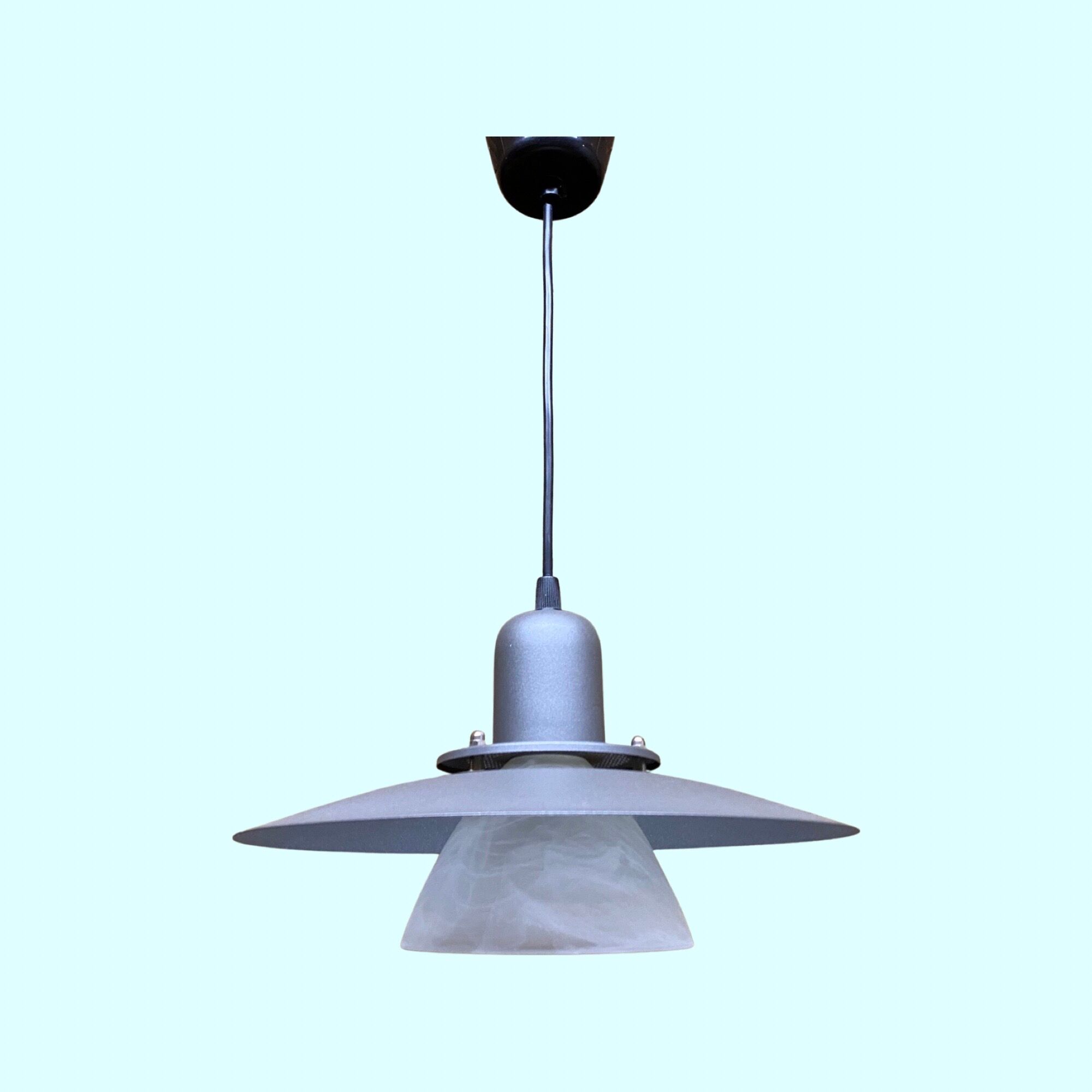 Vintage Metal/Glass Hanging Light | Mid-Century Grey Pendant Lamp With Glass Shade