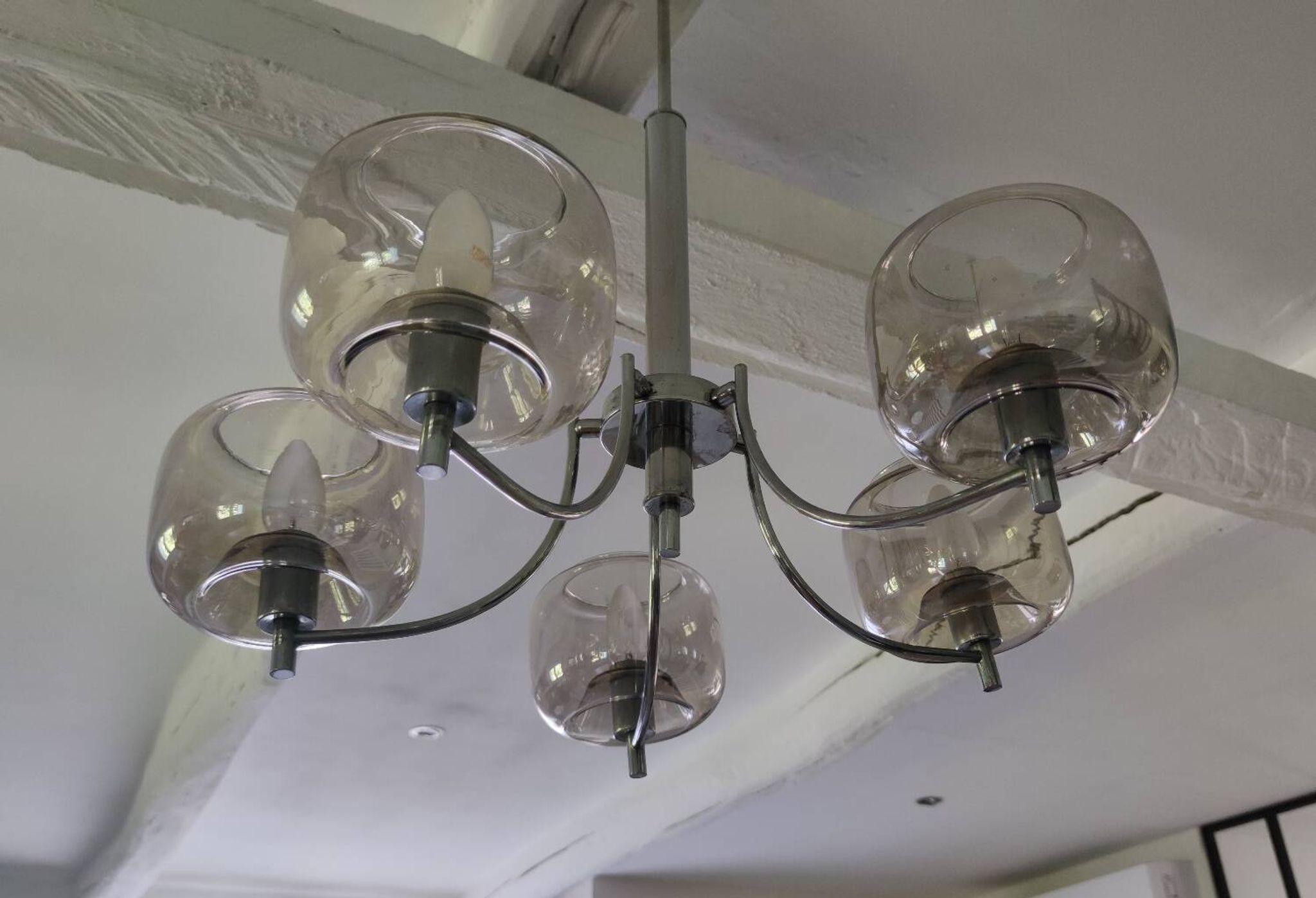 70s chandelier, smoked glass globe, 5 lights