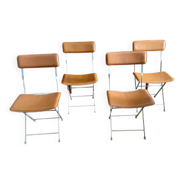 4 chaises pliantes Sintesi pour DWR Lina en métal et cuir camel Vintage