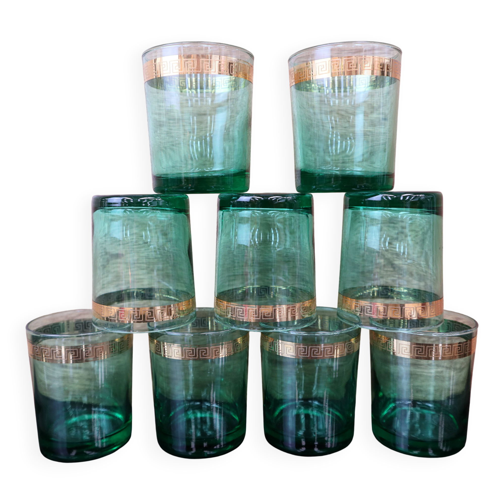 9 verres à apéritif vert émeraude et doré Luminarc France