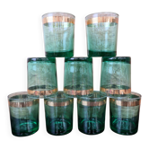 9 emerald green aperitif glasses with a gold band Luminarc France
