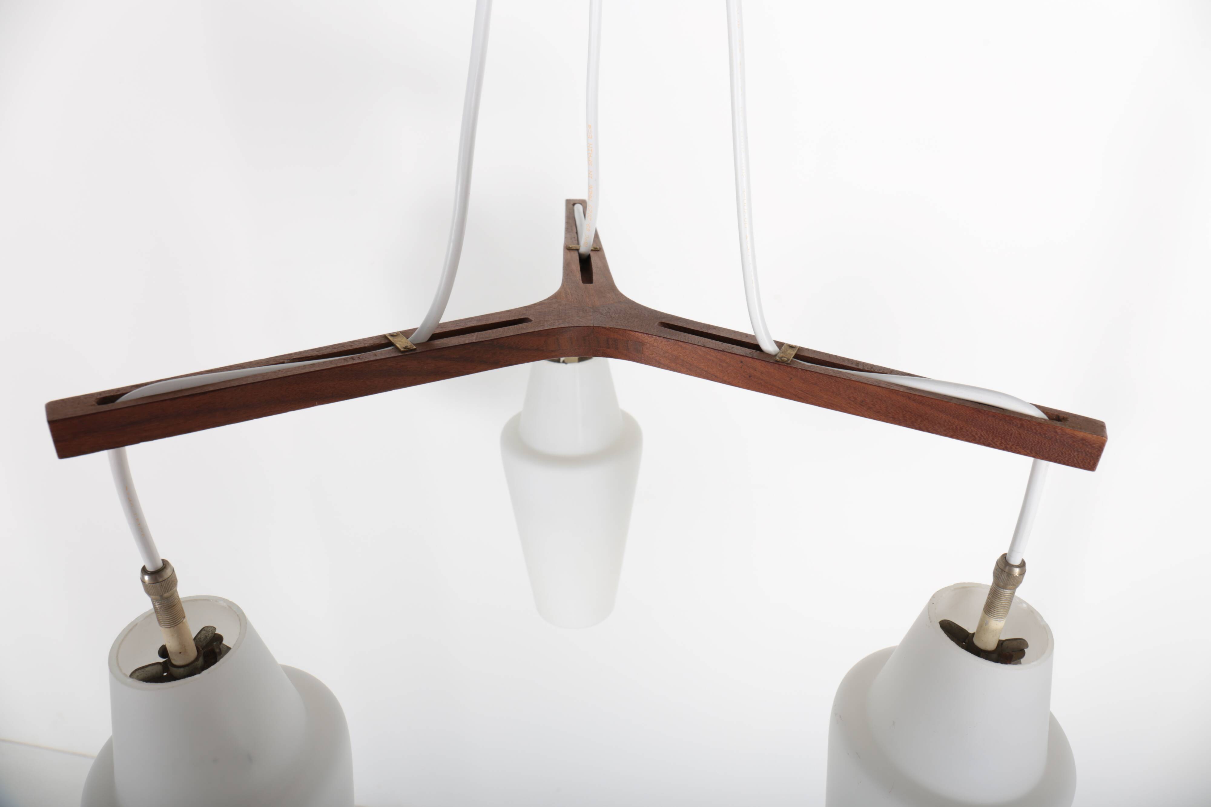 Scandinavian teak and opaline chandelier, Philips, 1960s