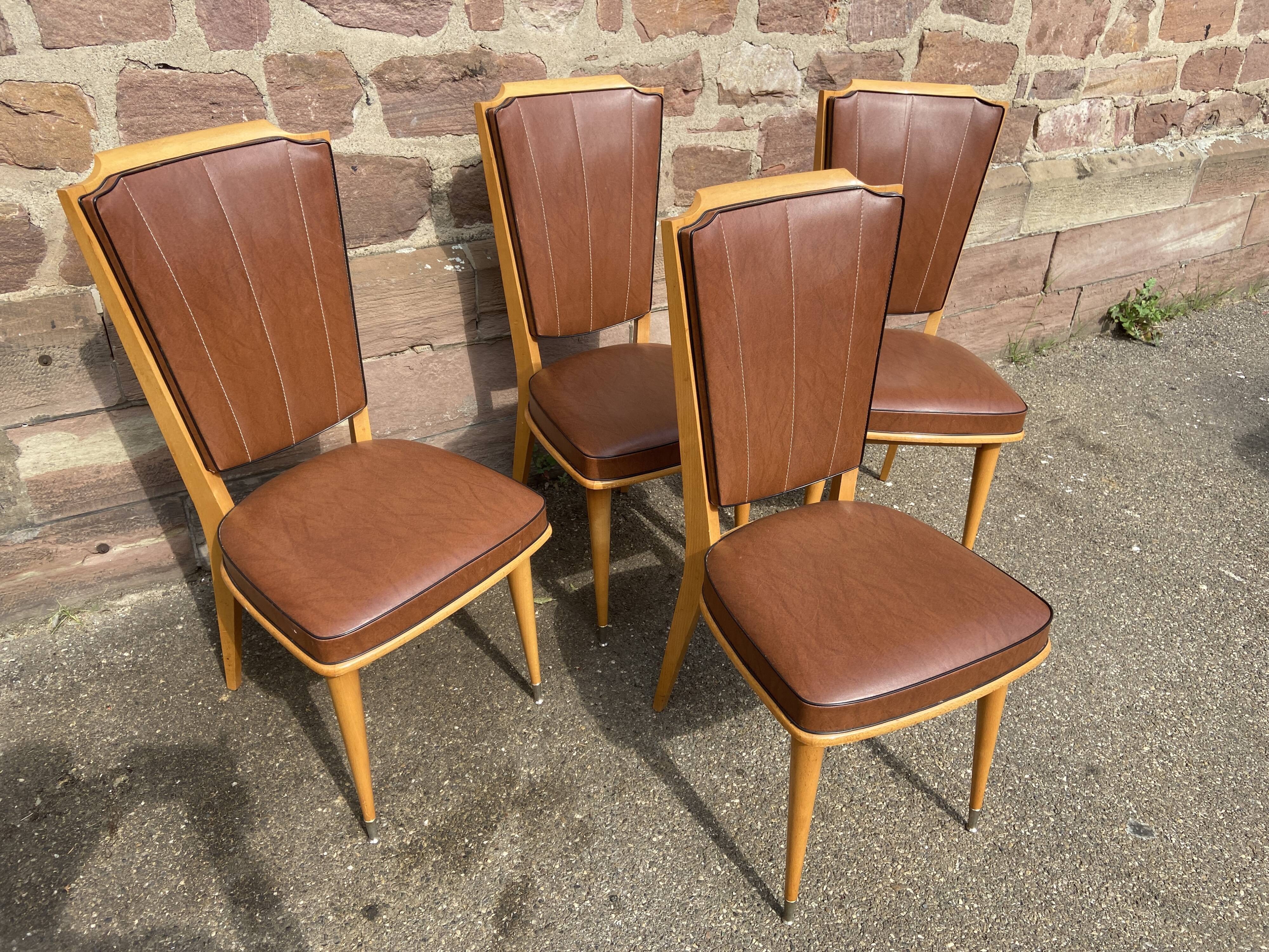 4 vintage chairs 1950 mid-century Scandinavian compass feet imitation leather Skaï