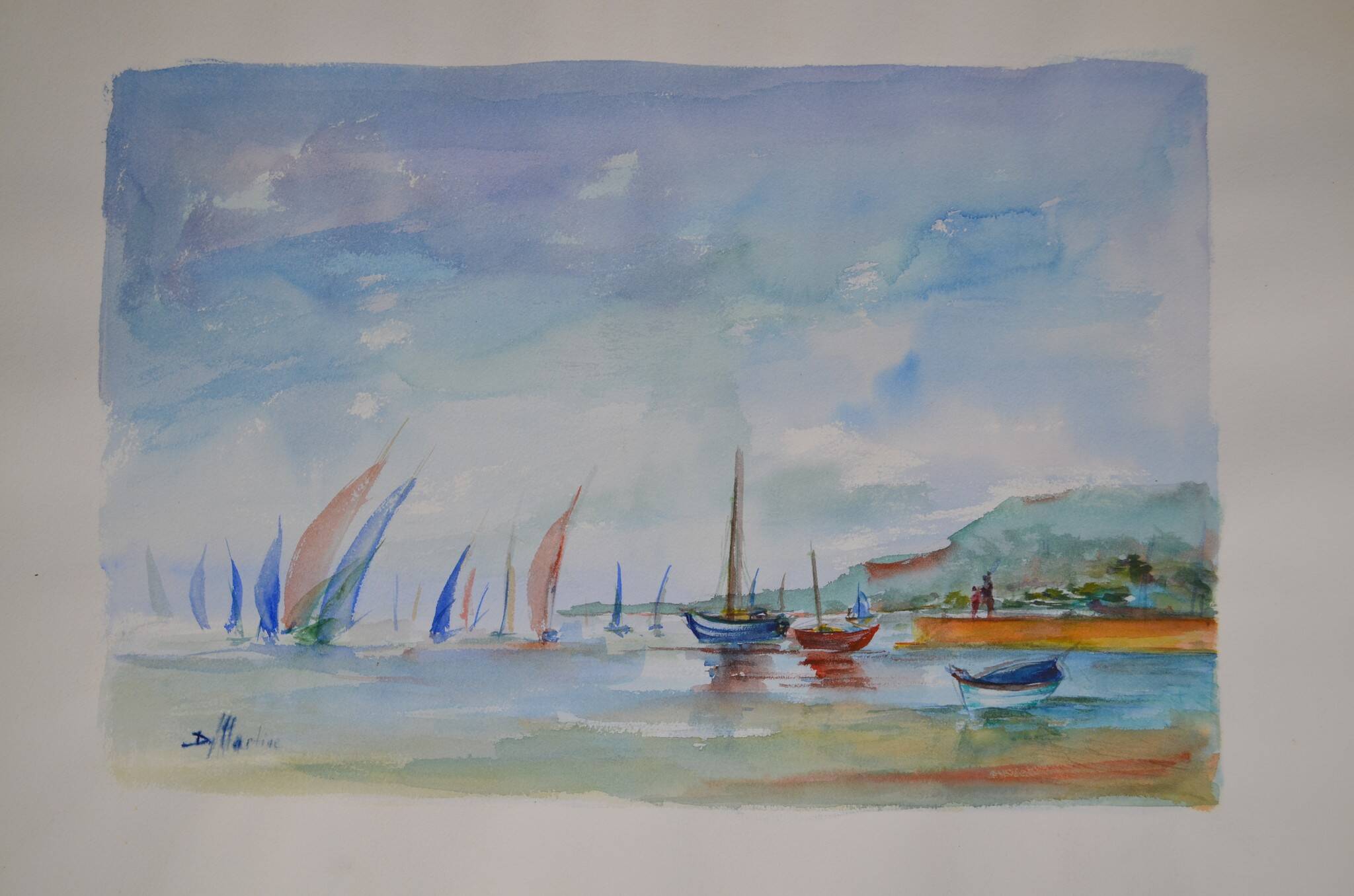 French school 20th century d martine: sailboats on the sea, watercolor