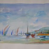 Ecole française xxème siècle d martine : voiliers sur la mer aquarelle