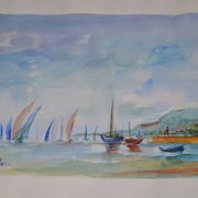 French school 20th century d martine: sailboats on the sea, watercolor