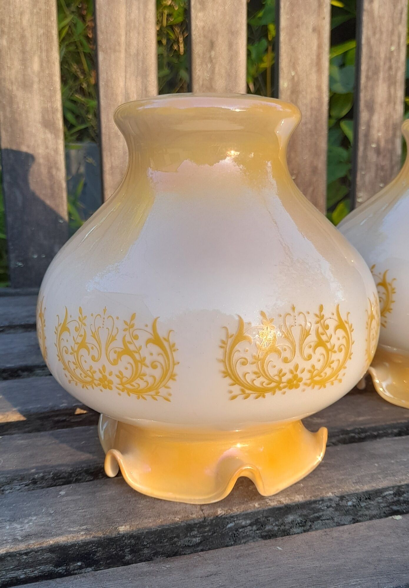 Duo of orange opaline tulip globes for suspension, art deco