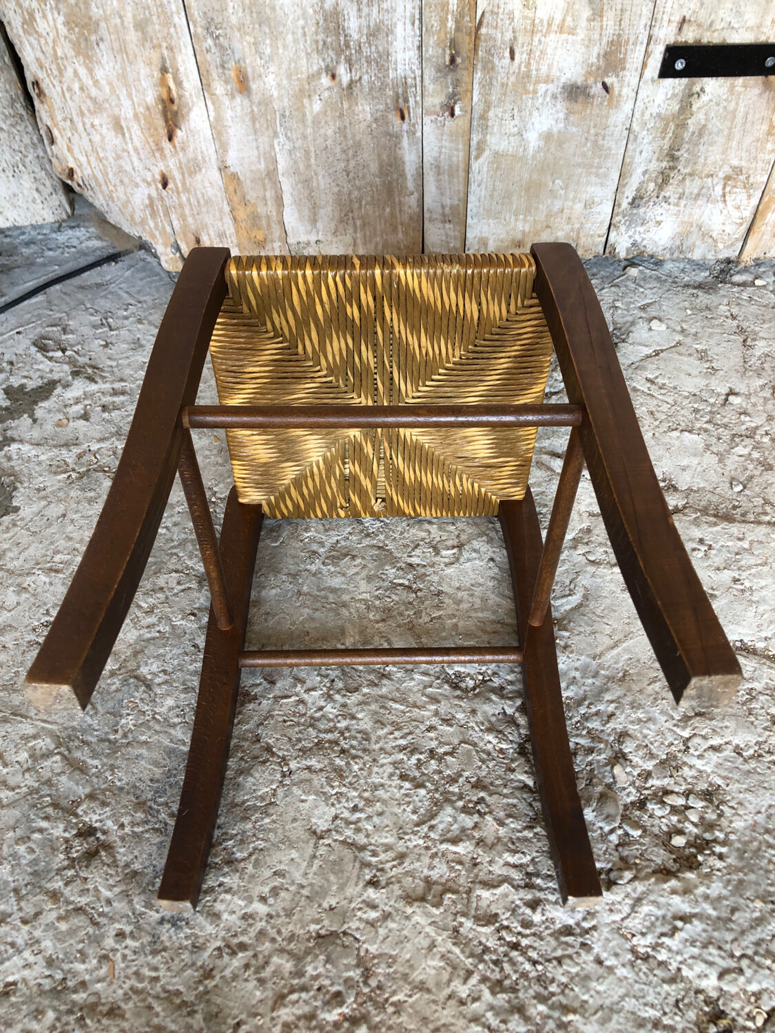Wooden stool + vintage woven straw seat
